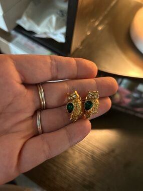 Gold Owl Stud Earrings with Emerald Gemstones